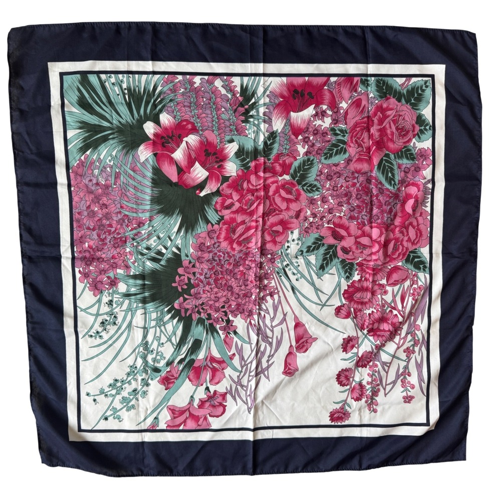 Vintage 1970s Pink Floral White Navy Square Scarf Lily Roses Preppy Classic